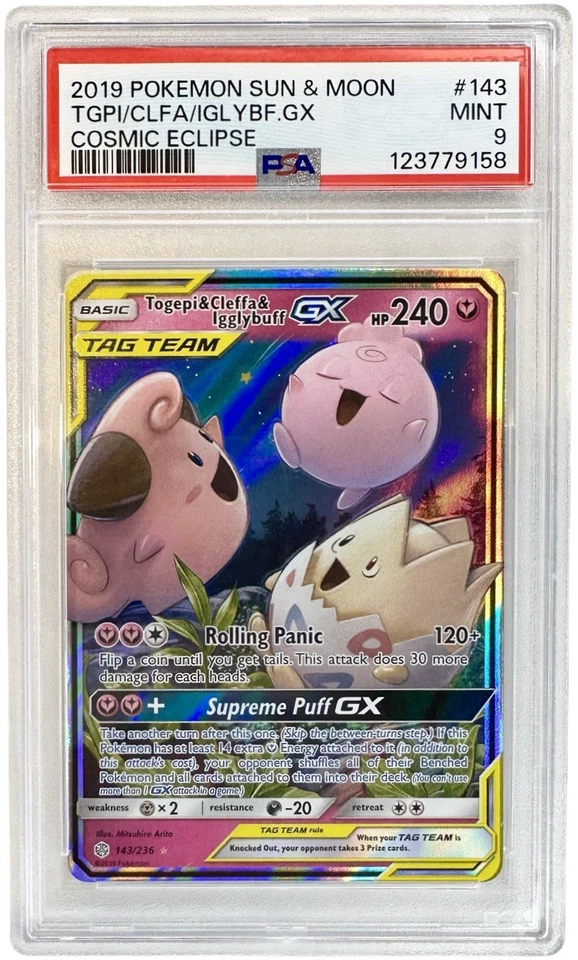 Togepi & Cleffa & Igglybuff GX 143/236 Sm-Cosmic Eclipse Holo PSA 9 - Image 1 of 1