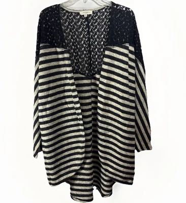 Umgee USA 2XL Open Front Cardigan Sweater Black Oatmeal Stripe Lace Crochet Boho - Image 1 of 4