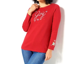 Quacker Factory Holiday Saying Long-Sleeve Top - Ruby Red Joy, XXS - Picture 1 of 1