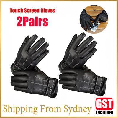 2PCS Mens PU Leather Black Touch Screen Gloves Full Finger For Smartphone AUS - image 1 of 4