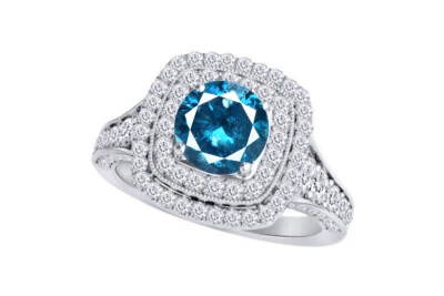 1.18 CtW Blue & White Solitaire Diamond Halo Ring 14k White Gold - Imagem 1 de 2