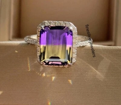 Anillos de compromiso de cuarzo doblete ametrino, anillo de plata de ley 925, corte esmeralda  Foto 1 de 3