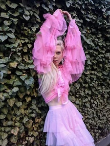 House of Aris Bluse rosa Rüschen Tüll transparent S Langarm Knopfleiste Kragen - Bild 1 von 6