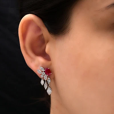4.95 Tcw Lab Grown CVD Diamond Ruby Gemstone Dangle Earrings Gift 18k White Gold - Image 1 of 4