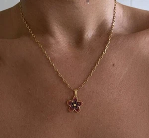 Retro Flower Surgical Steel Enamel Gold Plated Pendant & Necklace- Brown - Picture 1 of 1