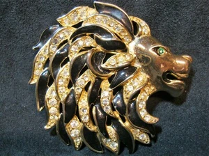 EUC Craft Signed Lion Vintage Art Deco Gold Tone Black Enamel Crystal Pin Brooch - Picture 1 of 4