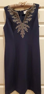 Papagallo Dress Navy Amaya Sheath Textured Knit V Neck Gold Trim - Sz 6 - $119 - Picture 1 of 4