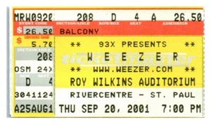Weezer Concert Ticket Stub September 20 2001 St. Paul Minnesota - Picture 1 of 2