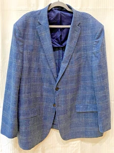 LAUREN RALPH LAUREN Blue Plaid Sport Coat Blazer Men's Wool/ Silk/Linen 52 R - Picture 1 of 7