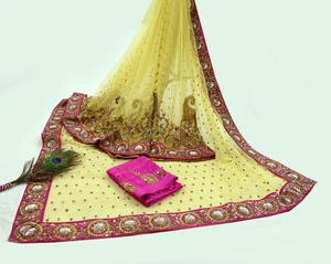 Indian New Saree Yellow Mesh/Net Hand Embroidered Sabyasachi Designer Sari 6Yd - Picture 1 of 23