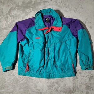 Chaqueta cortavientos Columbia XL cremallera completa verde azulado púrpura barril de polvo vintage retro - Imagen 1 de 10