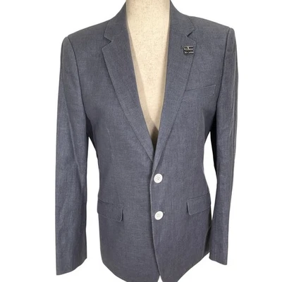 Elie Balleh Blazer 男孩 XL/18-20 蓝色亚麻白色肘贴 学术 意大利 — 第 1/4 张图片