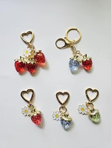 Strawberry Keychain Flower Resin Heart Ring Clasp Cute Bag Keys Accessory - Picture 1 of 24