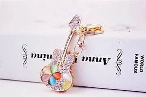 Guitar Flowers Crystal Diamante Rhinestone Bag Charms Handbag Keyrings Pendant - Picture 1 of 3
