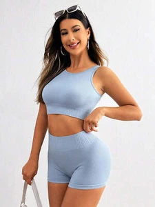 Round Neck Wide Strap Top and Shorts Active Set nt - Picture 1 of 5