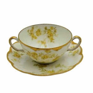 Haviland Limoges Floral Yellow Cream Soup Bowl Saucer Gold Gilt Scalloped 1900's - Picture 1 of 20