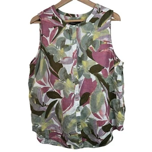 Tahari 100% Linen Button Down Sleeveless Shirt Size XL Tropical Floral Print - Picture 1 of 4