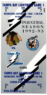 1992 TAMPA BAY LIGHTNING vs BLACKHAWKS 1st game ticket 10/7 debut Roman Hamrlik - Image 1 of 2