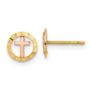 14k Gold Two-Tone Circle with Cross Post Earrings 0.28" - Picture 1 of 3