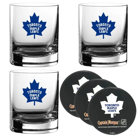 NHL Toronto Maple Leafs Smirnoff Whiskey Glasses & Puck Coasters Set of 3 Cover