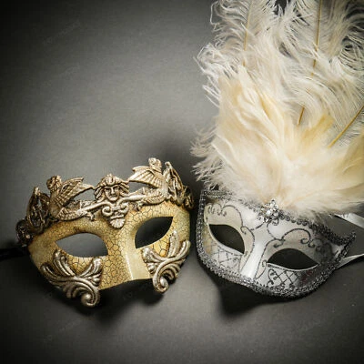 Roman Cracked White Silver & Venetian Mardi Gras White Tall Feather Couple Masks - Image 1 of 4