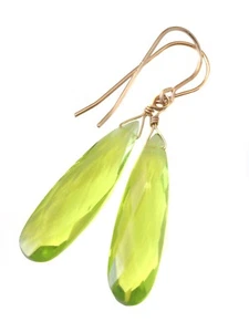 Green Simulated Peridot Earrings Teardrop Long Sterling 14k Solid Gold 2 Inch - Picture 1 of 9