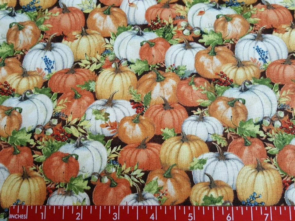 Orange/White Packed Thanksgiving Harvest Pumpkins Cotton Fabric-Fat Quarter - Image 1 of 1