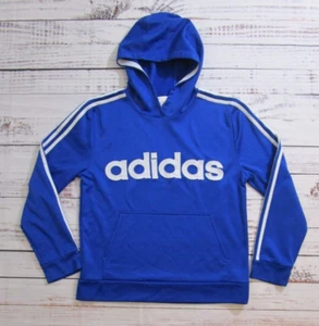 Adidas Blue White Spellout Pullover Hoodie White Stripes Boys Large 14/16 Men XS - Picture 1 of 7