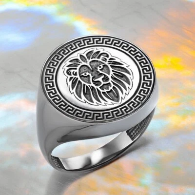 Sterling Silver Lion Head Signet Ring – Greek Key Men's Bold Statement Jewelry - Image 1 of 4