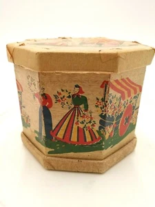 FLOWER MARKET SELLER MAN CART PERFUMED BODY POWDER PAPER BOX  '40s -'50s AD VTG - Picture 1 of 12