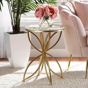 Elegant Round Side Table with White Marble Look Top and Gold Petal Design - Picture 1 of 4