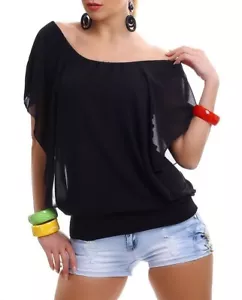 Sexy Miss Women Chiffon Pump Blouse Carmen Shirt Flatter Arm 34/36/38 TOP Navy - Picture 1 of 6