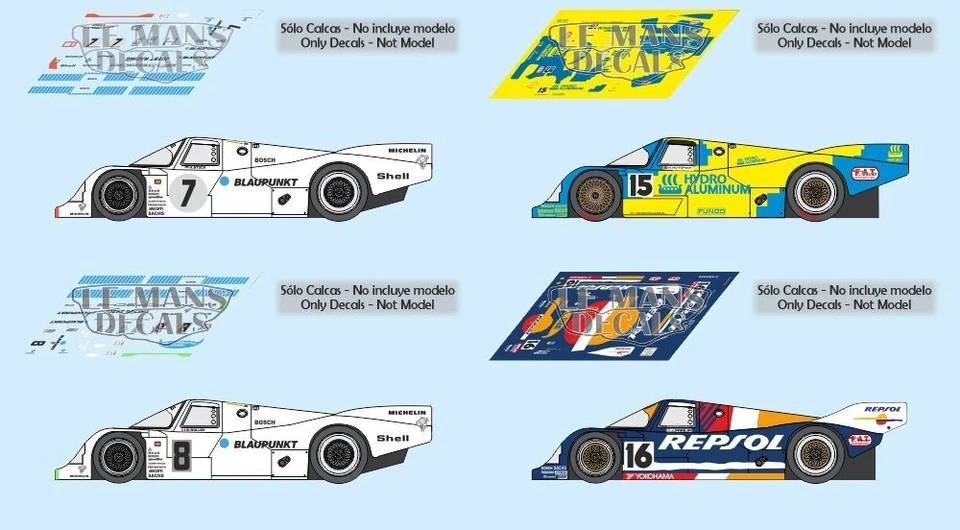 STICKERS LE MANS Autocollants Porsche 962C Le Mans 1990 7 8 15 16 1:32 1:43 1:24 1:18 962...