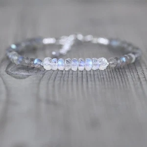 Pulsera llamativa piedra lunar y labradorita 2 cuentas facetadas de piedras preciosas rondelle 6-8" - Imagen 1 de 16