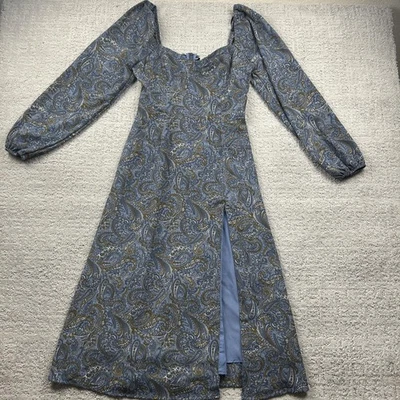 Forever 21 Dress Womens Small Blue Paisley Long Sleeve Midi Smocked Back Slit - Image 1 of 4