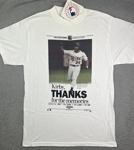 Vintage Minnesota Twins Kirby Puckett Newspaper T Shirt Size L 1996 90s MLB - Picture 1 of 11