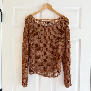 Suéter DKNY Vintage Y2K Tejido Abierto Crochet Algodón Talla Pequeña Marrón Boho Pescador - Imagen 1 de 8