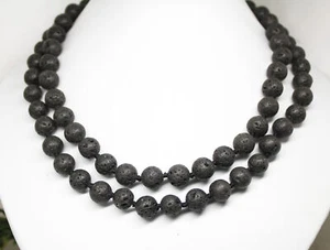 35 Zoll 10 mm Lang Schönheit Schwarz Lava Rund Perlen Stein Handarbeit Strang Halskette  - Bild 1 von 3
