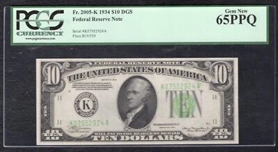 FR. 2005-K 1934 $10 FRN FEDERAL RESERVE NOTE DALLAS, TX PCGS GEM UNC-65PPQ - Image 1 of 2