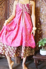 Womens Midi Dress Pink Floral Printed Spaghetti Strap Summer Fashion Silk Dress 