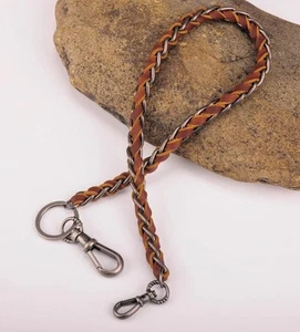 JC49 Brown Braided Leather & Metal Rocker Rock Jean Keychains Key Wallet Chain - Picture 1 of 12
