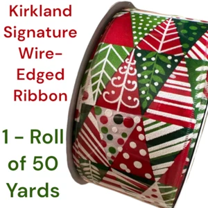 Kirkland Wire Edge Ribbon Christmas Trees Roll 50 Yards Geometric Gift Wrap 2.5" - Picture 1 of 24