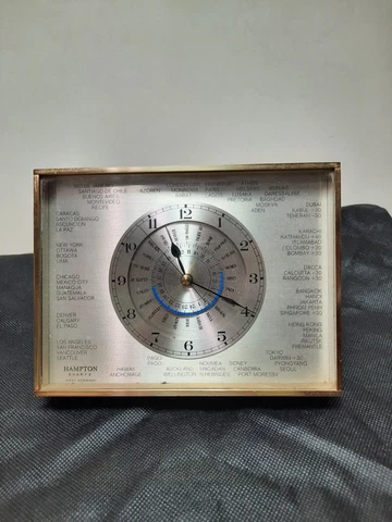 Vintage Brass Mantle /Desk World Clock Hampton Made in West Germany Works! Cover