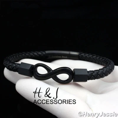 8"MEN WOMEN Stainless Steel Solid Black Fashion Infinity Leather Bracelet*ABB94 - Image 1 of 2