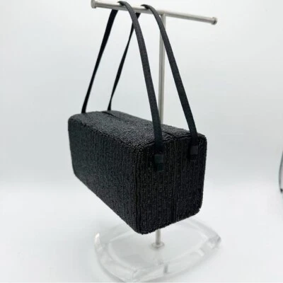 Caja rectangular con cuentas negras vintage La Regale con asas dobles satinadas única Foto 1 de 4