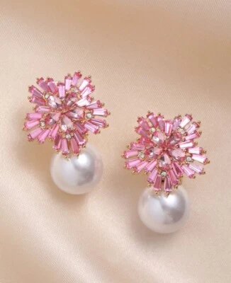 Pink Crystal Earring Faux Pearl Dangle Pierced Gold Wedding Rhinestone Flower - Image 1 of 3