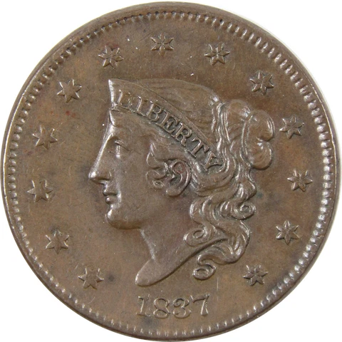 1837 Plain Cord Medium Letters Coronet Head Large Cent AU 1c SKU:I7433 Cover