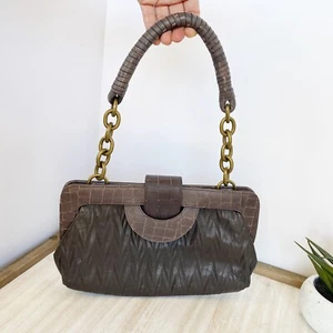 BCBGMAXAZRIA Mujer Y2K 2000s Gris Cuero Bolso sin asas Cadena Tono Latón - Imagen 1 de 12