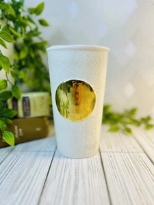 STARBUCKS 2015 Gold Dot Collection 10 oz tazza da viaggio testurizzata oro e bianco LEGGERE - Foto 1 di 8
