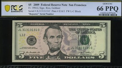 2009 $5 FRN JL3131313C P.C.G.S #66PPQ - Image 1 of 3